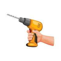 Hand Holding Drill Work Tool. Construction Building Worker Symbol in Cartoon illustration Vector on White background