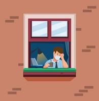 man on window work from home. man felling stress and bored in quarantine activities symbol concept in cartoon illustration vector