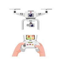 white drone with dual camera. hand holding remote control drone with smartphone screen to monitor location cartoon illustration vector isolated in white background