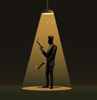 Spy in tuxedo holding gun sillhouette under spotlight symbol illustration vector
