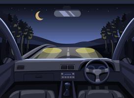 Dashboard car driving in forest at night. point of view driver scene concept in cartoon illustration vector