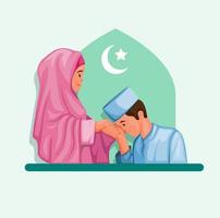 hijo de familia musulmana y madre disculpándose en el vector de dibujos animados de ilustración de celebración de Ramadán