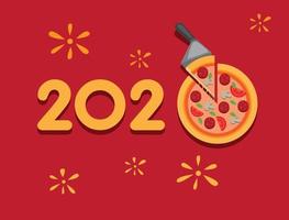 Inscripciones de saludo de año nuevo 2020 en tipografía con adorno de pizza. en fondo rojo. vector editable de ilustración plana