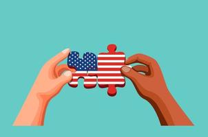 Dos personas sosteniendo y uniendo rompecabezas con el símbolo de la bandera americana para el día de la independencia de Estados Unidos y la diversidad cultural. concepto en vector de ilustración de dibujos animados