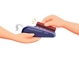 Transacción con tarjeta de crédito o débito al pago en drive thru o market shop en vector de ilustración de dibujos animados sobre fondo blanco