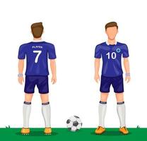 Soccer player in blue uniform symbol icon set from rear and front view sport soccer jersey concept in cartoon illustration vector