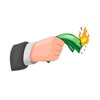 business man hand holding and burning money. investment and financial problem concept in cartoon illustration vector isolated in white background