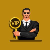 Man in suit holding VIP sign. exclusive member bodyguard avatar mascot concept in cartoon illustration vector
