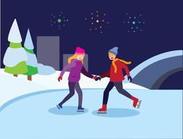 patinaje sobre hielo en el río congelado con fuegos artificiales diseño plano ilustración de dibujos animados vector