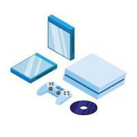 game console set, joystick cd and cd case in isometric illustration editable vector