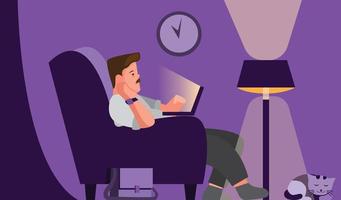 el hombre usa la computadora portátil mientras está sentado en el sofá, el hombre de negocios trabaja desde casa hasta altas horas de la noche en un vector de ilustración plana de dibujos animados