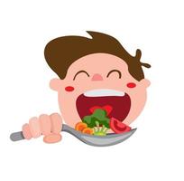 los niños felices comen vegetales, niño sosteniendo una cuchara con zanahoria, brócoli y tomate. símbolo, icono, logotipo en vector de ilustración plana de dibujos animados