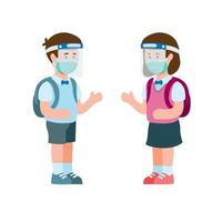 Kids go to School Wear Face Shield and Mask, Boy and Girl Student Talking with Social Distancing in New Normal Activities. Concept in Cartoon Flat illustration Vector on white background
