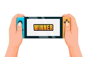 Bandung, Indonesia - 5 september 2020. Hand holding and playing portable game nintendo switch with winner symbol. concept in cartoon illustration vector on white background