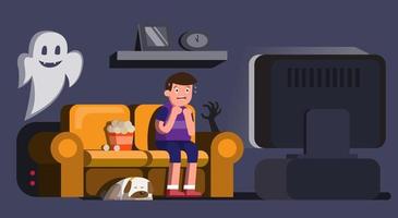 man watching horror movie scary with sleeping dog and ghost in night illustration vector