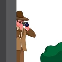 El hombre se esconde detrás de las paredes mientras usa la cámara para tomar fotografías. espía, detective o paparazzi símbolo ilustración de dibujos animados vector editable
