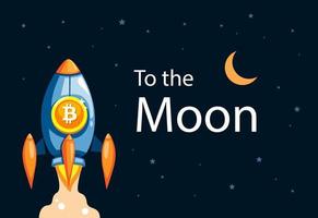 To the moon bitcoin rocket. cryptocurrency business growth illustration in cartoon vector