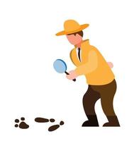 detective holding magnifier glass inspecting foodstep people or animal, trying to solve mystery cartoon flat illustration vector