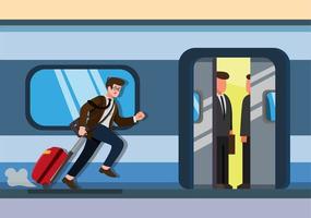 hombre de negocios corriendo para coger el tren hombre de oficina con equipaje en la estación de tren de transporte público de la ciudad. vector de ilustración plana de dibujos animados aislado en fondo blanco