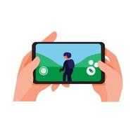 Playing shooter game on smartphone, hand holding smartphone with touchscreen control playing online game cartoon flat illustration vector isolated in white background