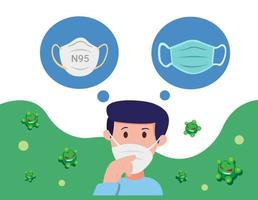 confused man choosing face mask to protection from virus and pollution, medical face mask for infection disease in cartoon flat illustration editable vector