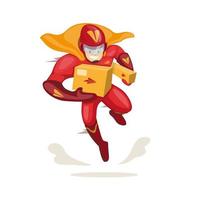 Personaje de la mascota del superhéroe que lleva el paquete para la empresa de entrega urgente de mensajería en un vector de ilustración plana de dibujos animados aislado en fondo blanco
