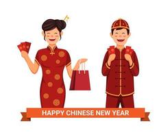 Chinese new year celebration. people holding money gift aka angpao character concept in cartoon illustration vector
