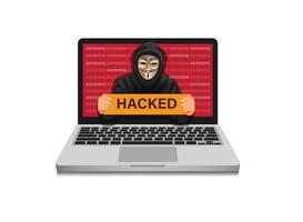 Hooodie man holding hacked sign on laptop monitor. hacker in security system computer symbol concept in cartoon illustration vector on white background