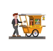 Hombre vendiendo pollo satay comida tradicional indonesia en vector de ilustración plana de dibujos animados de carro aislado en fondo blanco