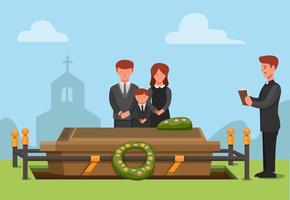 funeral ceremonial in christian religion. people sad family member passed away concept scene illustration in cartoon vector