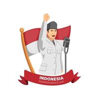 Bandung, West Java, 6 august 2020 - INDONESIA Independence day with figure of Bung Karno first president of indonesia speech proclamation symbol in cartoon illustration vector