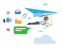 redes sociales modernas. Hombre de oficina volando en parapente con concepto de ilustración de iconos de correo vector