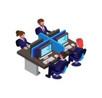 Customer Service, Call Center, man and woman in blue suit uniform working at workplace office communication with client. symbol, icon, infographic in isometric flat illustration vector