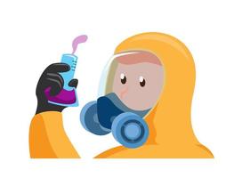 man in biohazard protective outfit holding lab glass test tube, scientist with gas mask suit for toxic and chemical protection cartoon flat illustration vector