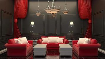 Sofá rojo interior de la habitación contemporánea en piso negro y pared negra. Representación 3d