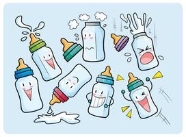 Kawaii milk bottle characters cartoon illustration set vector