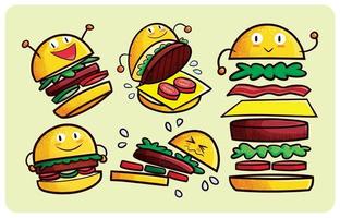 Divertida expresión de personajes de hamburguesa en estilo kawaii vector