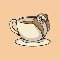 diseño de animales de dibujos animados perezoso remojo en un vaso de café logotipo de mascota lindo vector