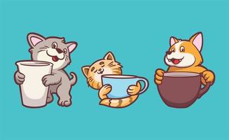 diseño de animales de dibujos animados gatos y perros sosteniendo tazas para beber ilustración de mascota linda vector