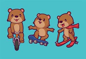 diseño animal de dibujos animados oso montando bicicleta, patineta y surf en la nieve linda mascota ilustración vector