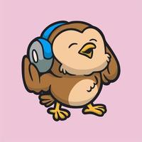 cartoon animal design Owl listening to music cute mascot logo