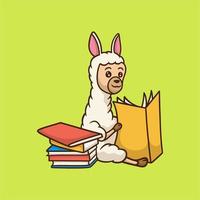 cartoon animal design llama reading book cute mascot logo vector