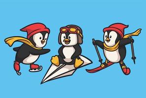 pingüino está haciendo snowboard y subiendo a un avión de papel paquete de ilustración de mascota con logotipo de animal vector