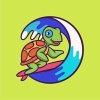 diseño animal de dibujos animados tortuga surfeando lindo logotipo de la mascota vector