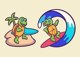 tortugas de diseño de animales de dibujos animados traen tablas de surf y tortugas de surf logo de mascota lindo vector