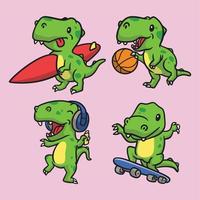 t rex surfing, t rex basketball, t rex listen to music and t rex skateboard animal logo mascot illustration pack vector