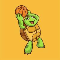 tortuga de diseño animal de dibujos animados jugando baloncesto logotipo de mascota linda vector
