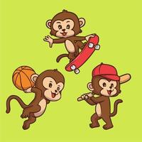 diseño de animales de dibujos animados mono jugando baloncesto, patineta y béisbol linda mascota ilustración vector