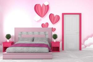 interior de la habitación de la cama: hermosa habitación de estilo rosa, diseño de gráficos de pared rosa, representación 3d foto