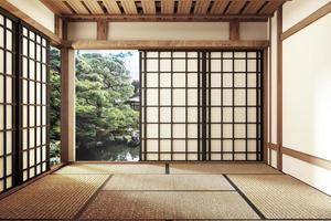 living room interior in and minimal design with Tatami mat floor and Japanese, empty room interior, 3D rendering photo